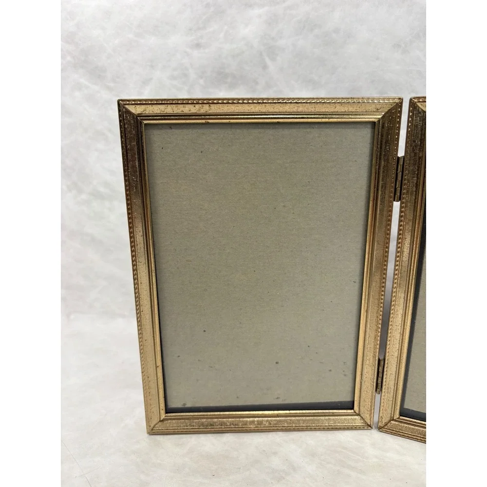 Vintage Gold Metal Glass Double Picture Frame Folding Hinged 5x7 Tabletop Decor